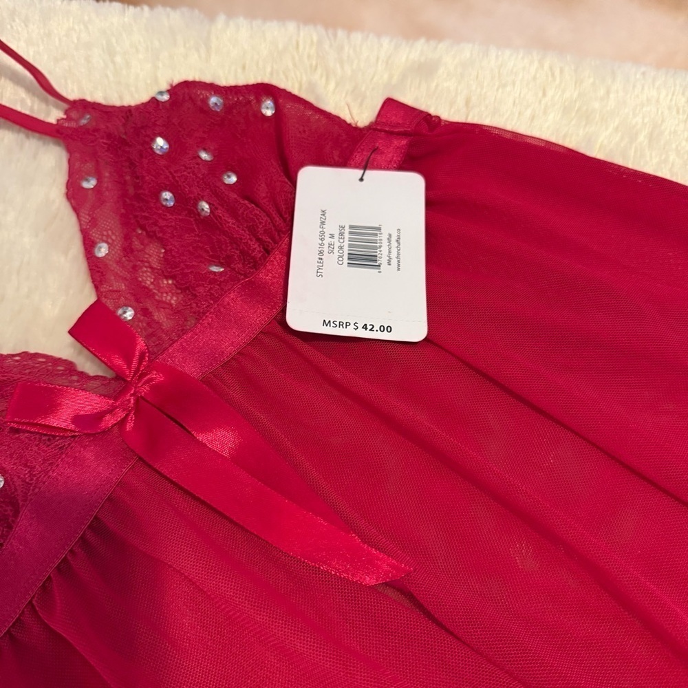 nwt French Affair Red Sheer Lace Babydoll Chemise with Sequin Detail M Medium - Picture 3 of 6